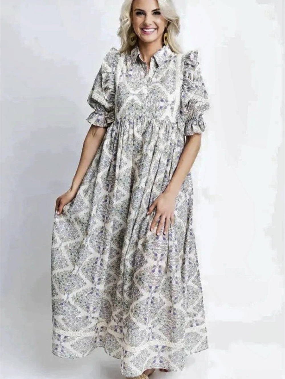 KARLIE Lila Boho Crochet Floral Maxi Dress in Cream & Purple Size Medium Cottage